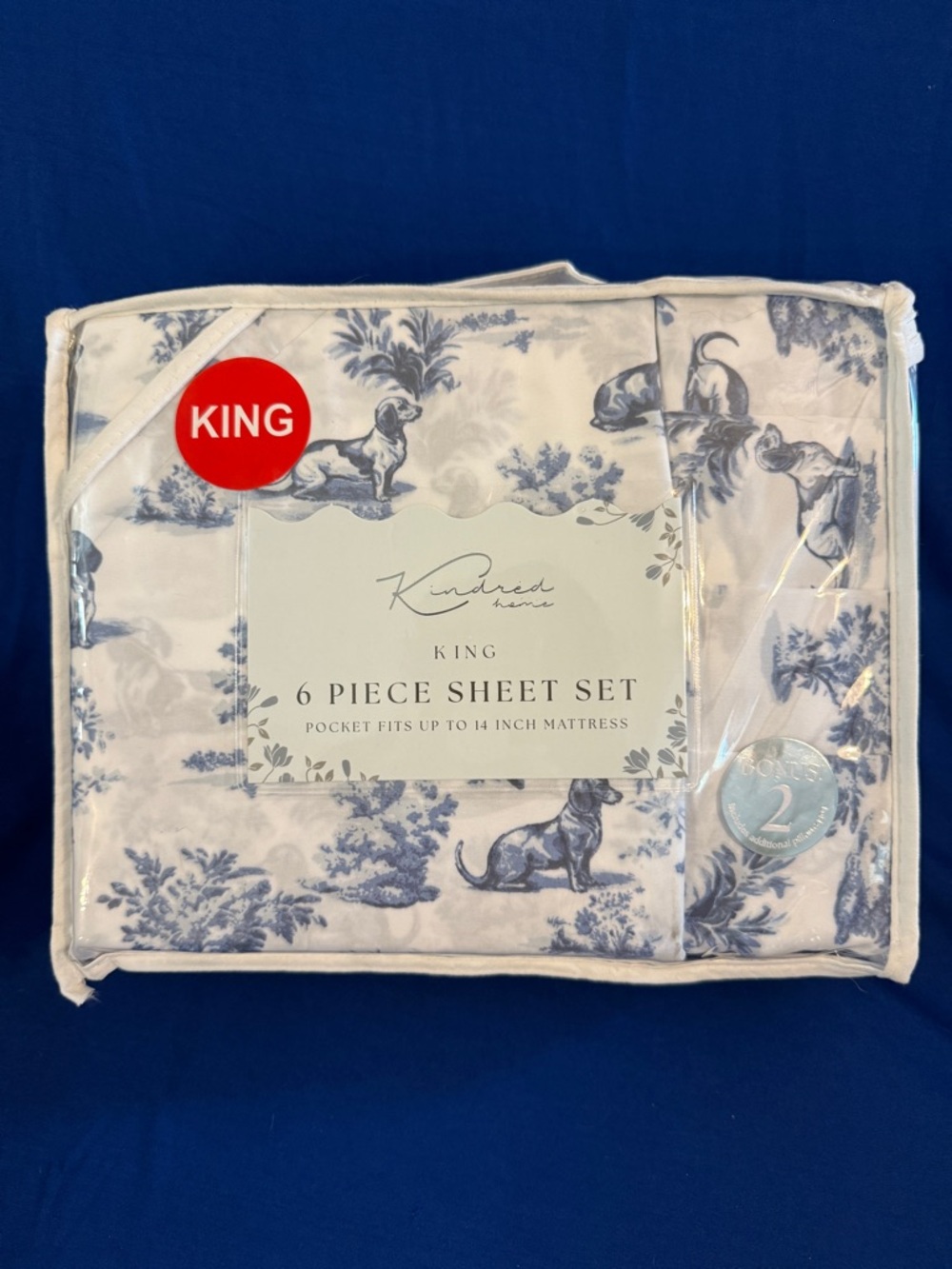 6-Piece King Sheet Set in Blue and White dachshund toile print